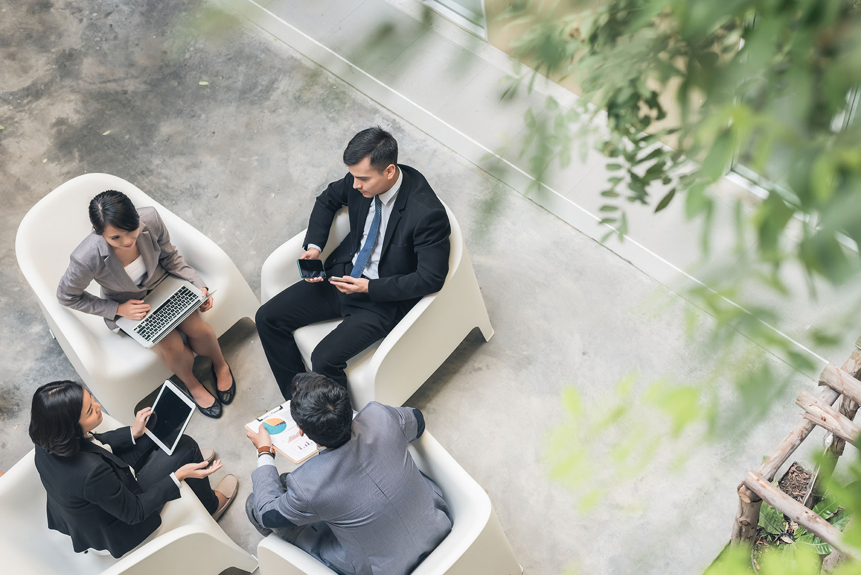 Overhead view of people meeting outside