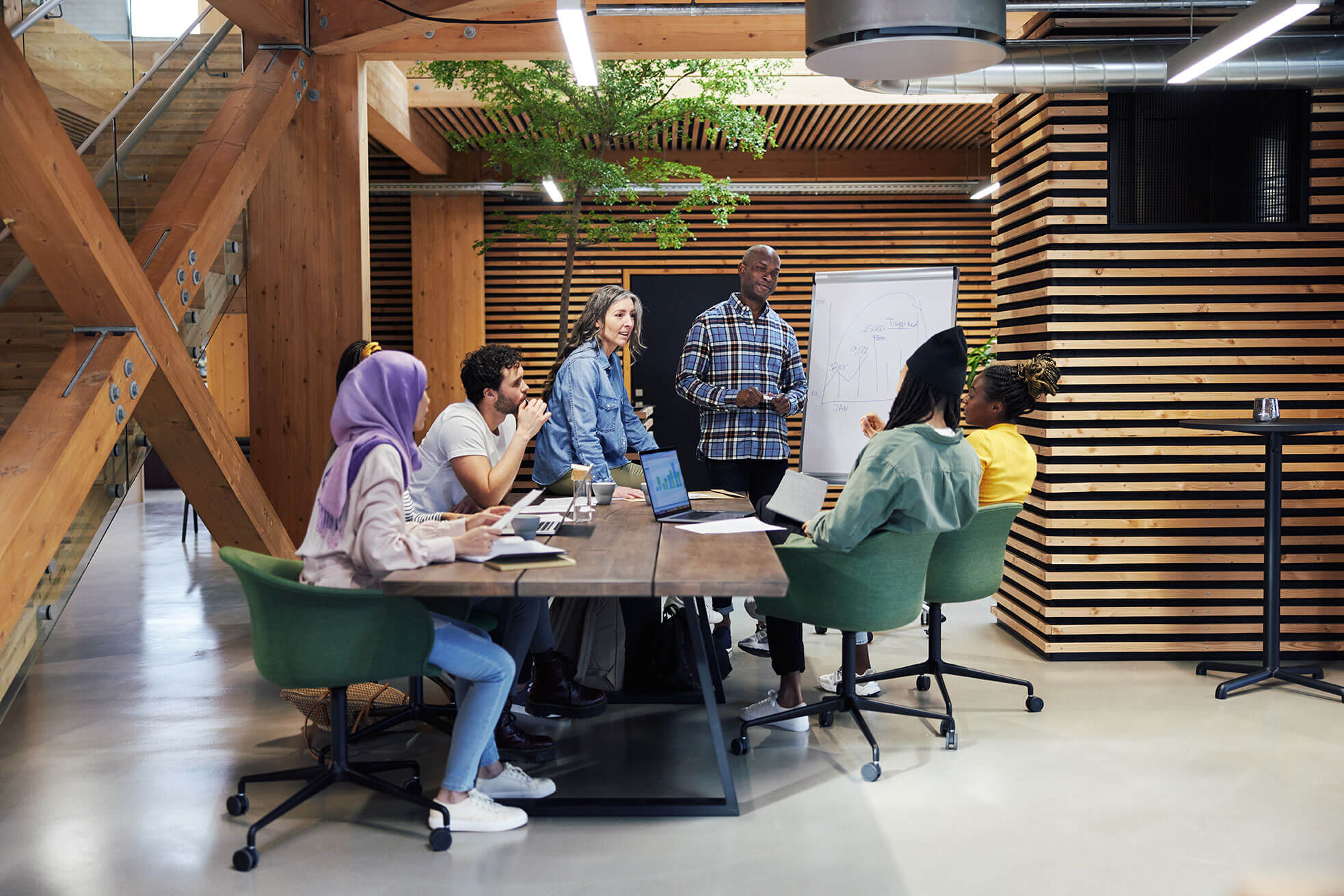 Group of people collaborating with whiteboard and meeting table